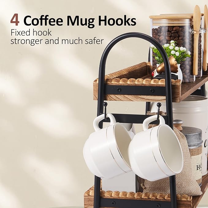 Coffee Bar Accessories, 2-Tier Coffee Bar Organizer with 4 Coffee Cup Holder Hooks, Mul-tifunctional Wooden Beaded Coffee Station Countertop Stand Shelf for Kitchen Home Office