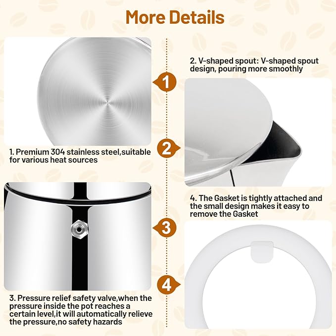 No Coating 4 Cup Thickened 304 Stainless Steel Moka Pot Stovetop Espresso Maker Italian Coffee Machine 200ml 6.8oz Suitable for Gas Induction Stovetop Greca Coffee Maker Percolator