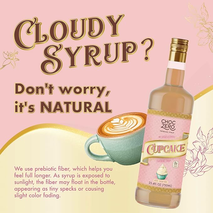 ChocZero Sugar Free Coffee Syrup, Cupcake Flavor, No Sucralose Simple Syrup Drink Mix, Birthday Cake Frappe, Protein Shakes & Baking, All Natural, 25.4 Ounces (Pack of 1)