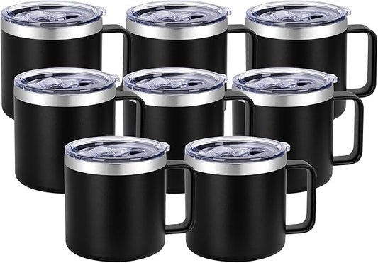 VEGOND 14 oz Insulated Coffee Mug Bulk with Handle, Stainless Steel Travel Coffee Mug with Lid, Double Wall Vacuum Metal Coffee Cup, Coffee Tumbler Powder Coated, Black 8 Pack