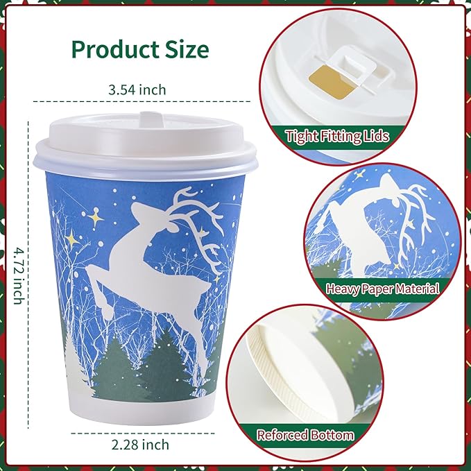 Christmas Cups with Lids and Sleeves 12oz Disposable Coffee Cups with Lids Hot Chocolate Cups 10 Designs, Christmas Paper Cups for Hot Cocoa Bar Supplies, 90 Pieces