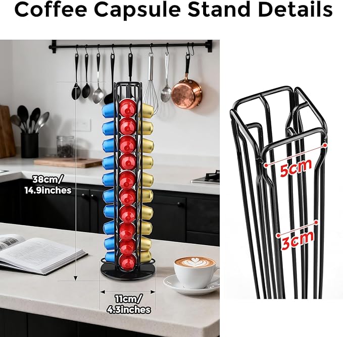 Coffee Pod Holder Compatible with Nespresso Original – 40 Pod Carousel Storage Stand, 360° Rotating Coffee Capsule Organizer, Space-Saving Countertop Holder for Coffee Lovers (Black)