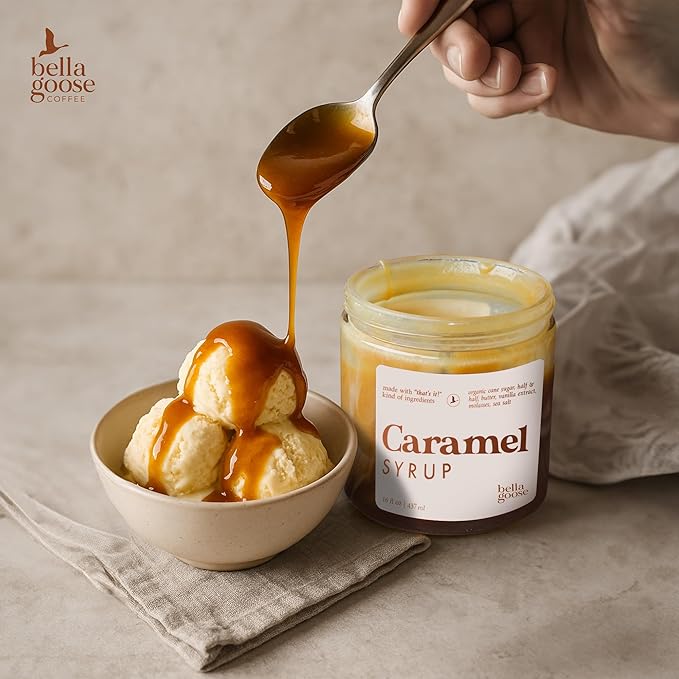 Bella Goose Salted Caramel Coffee Syrup (16oz) - Homemade Pure Cane Sugar Syrup for Lattes, Desserts, & Ice Cream - Clean Ingredient - No Artificial Flavors, Oils, Dyes, Preservatives - Syrups for Coffee Drinks