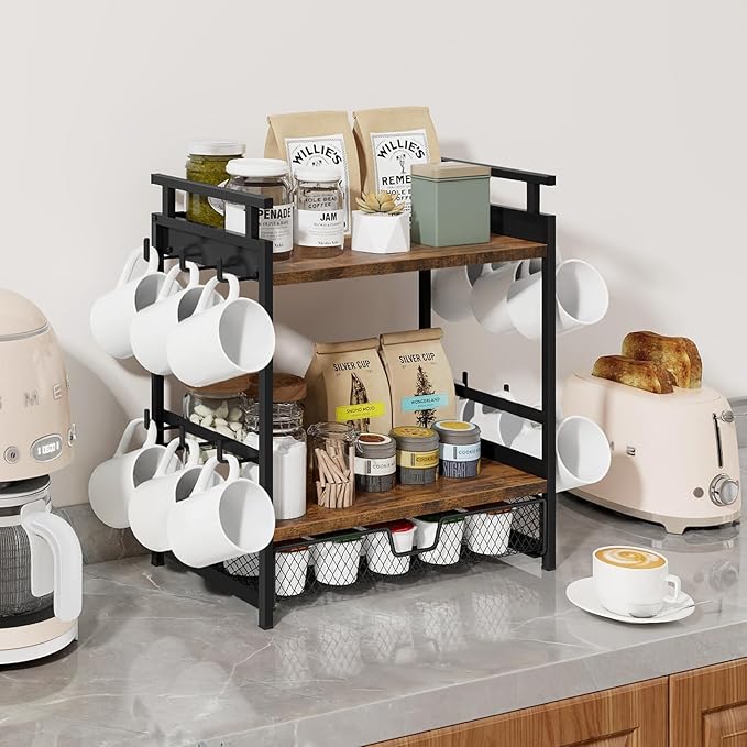 Coffee Bar Organizer, 3 Tier Coffee Station Organizer for Countertop, Mug Cup Holder Stand with 12 Hooks, with K Cup Storage Drawer, Tea Organizers Accessories for Home Office