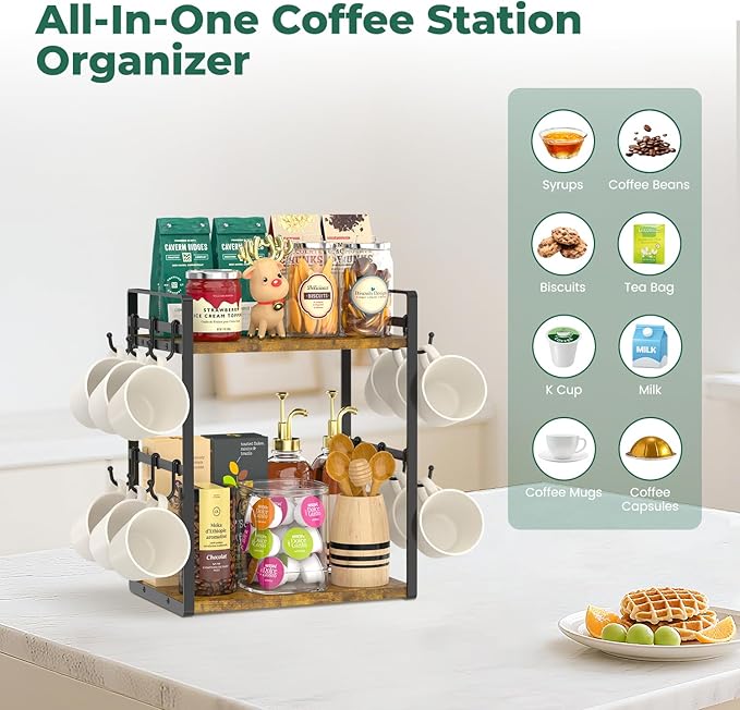 EsLuker.ly 2 Tier Coffee Mug Holder Station Bar Organize Countertop, Mug Cup Tree Rack for Kitchen Office, Storage Shelf with 12 Removable Hooks, Creat Stylish Coffee Corner