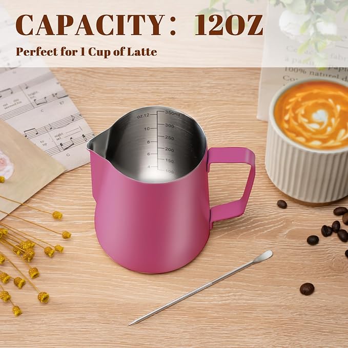 Milk Frothing Pitcher, 12 oz Milk Frother Cup with Clear Scale, 304 Stainless Steel Cappuccino Espresso Machine Accessories for Barista Coffee Bar with Latte Art Pen, Rose Red