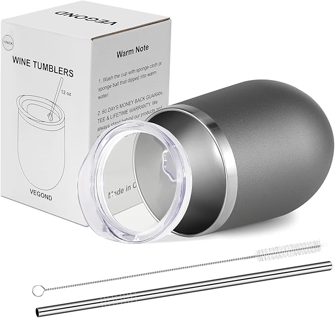 VEGOND 12oz Stainless Steel Wine Tumbler with Lid and Straw, Double Wall Vacuum Insulated Stemless Wine Glass Tumbler Cup, Coffee Mug for Cold Hot Drinks