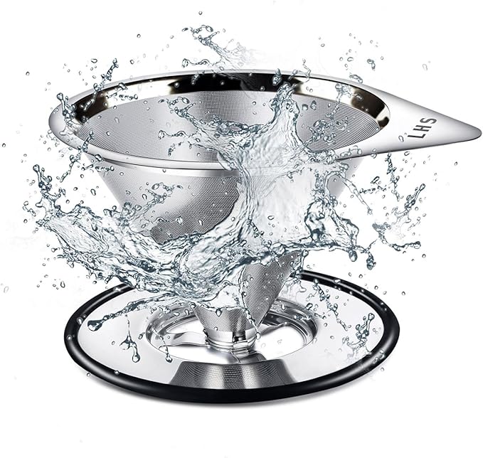 LHS Pour Over Coffee Dripper Stainless Steel Coffee Filter Metal Cone Filter Paperless Reusable Coffee Filter Single Cup Coffee Maker 1-4 Cup With Non-slip Cup Stand and Cleaning Brush