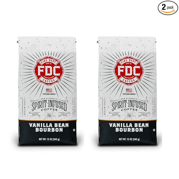 Fire Department Coffee - Vanilla Bourbon Coffee Beans - Gives Back to Firefighters - Vanilla Bean Bourbon Infused Whole Bean - Non-Alcoholic - Roasted in the USA - Veteran Owned (12 oz, Pack of 2)