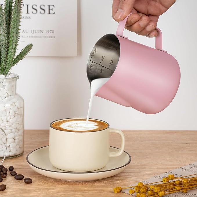 Milk Frothing Pitcher, 12 oz Milk Frother Cup with Clear Scale, 304 Stainless Steel Cappuccino Espresso Machine Accessories for Barista Coffee Bar with Latte Art Pen, Pink