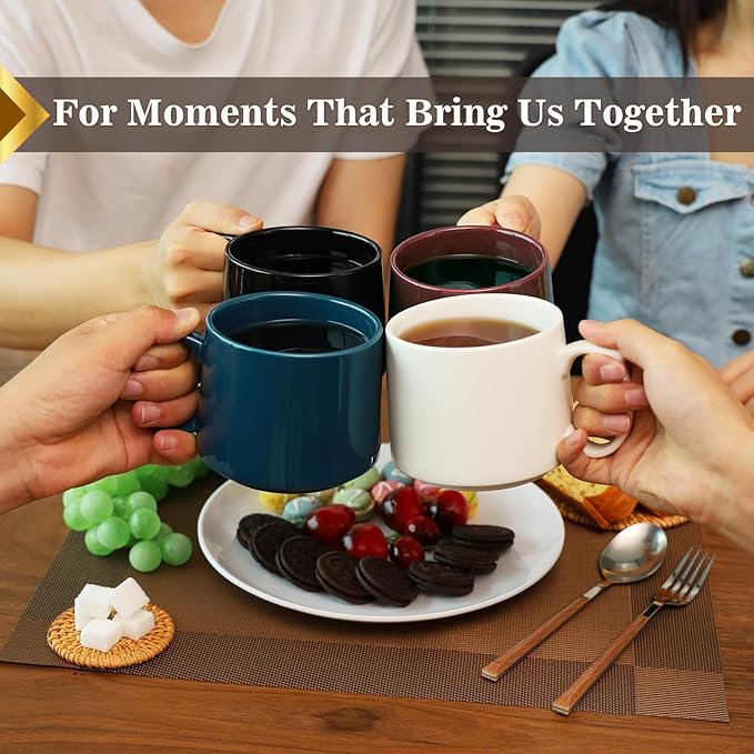 Coffee Mugs Gift Set of 4, Large 19 oz Stackable Ceramic Coffee Mug, Coffee Cups with Large Handle for Latte, Cappuccino, Milk, Dishwasher & Microwave Safe, Ideal for Men, Women - Multicolor