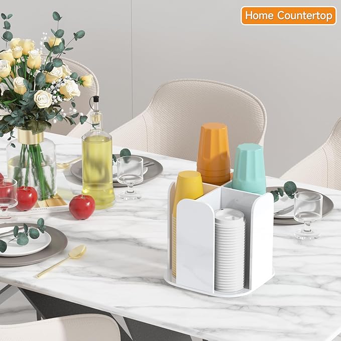 Beego Rotatable 4-Compartment White Acrylic Cup Dispenser - Coffee Station Cup and Lid Carousel Countertop Plastic Cup Holder for Restaurant Breakroom Coffee Bar