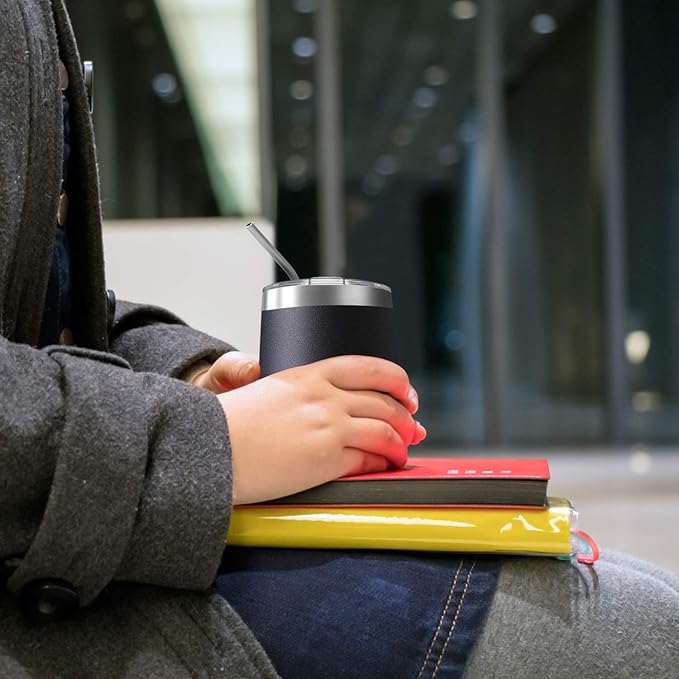 12oz Wine Tumbler with Lid With straw Stainless Steel Wine Tumbler Cups Double Wall Vacuum Insulated Travel Mugs Stemless Cup 12 Pack (White)