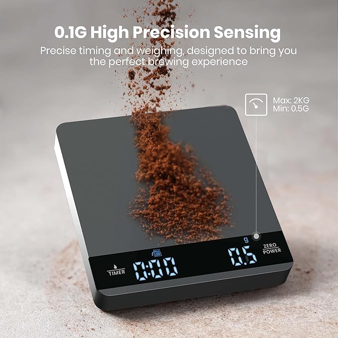 Mini Coffee Scale with Timer, Maestri House Rechargeable Espresso Scale, 2kg/0.1g Accurate Scale for Espresso and Pour-Over Coffee, Portable Digital Kitchen Scale with Automatic Timing-Space Grey
