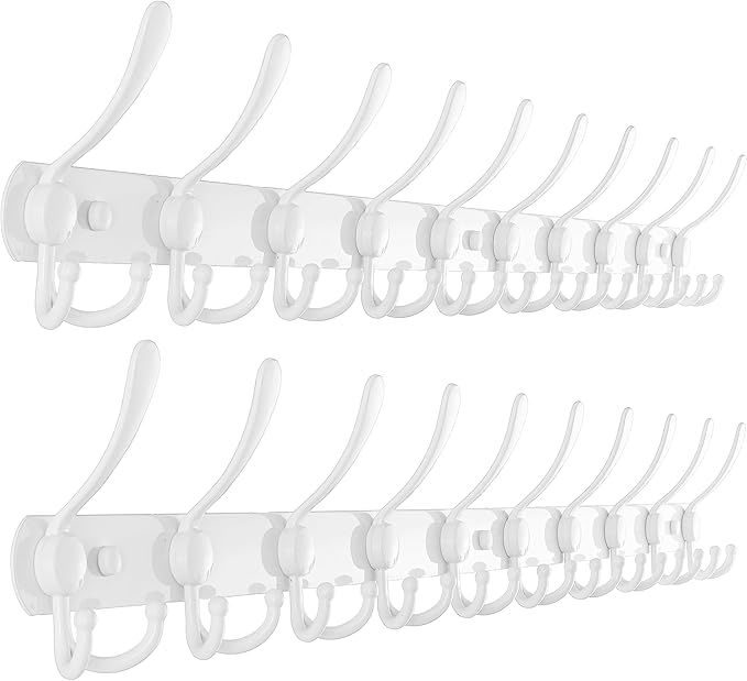 Dseap Coat Rack Wall Mount - 38” Long 10-Tri-Hooks Heavy Duty Coat Hanger Rail Wall Hooks for Hanging Coats Hats Clothing Clothes Purse Mudroom Entryway, White, Pack of 2