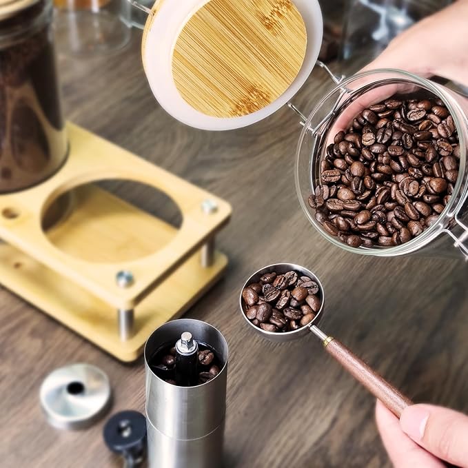 Glass Coffee Grounds Container with Wooden Shelf, 2 × 45 FLOZ Glass Coffee Canister with Sealed Locking Clamp, Kitchen Large Capacity Food Storage Jar with Metal Spoon