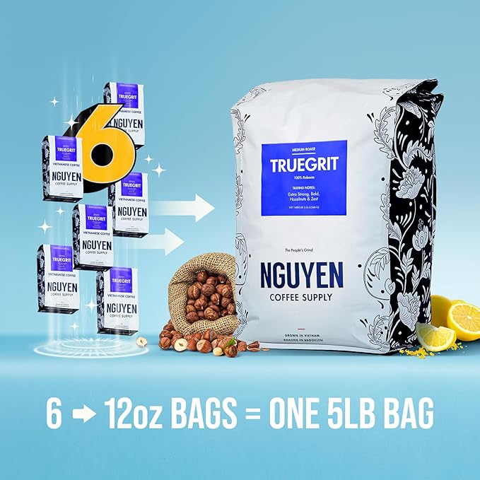 Nguyen Coffee Supply - Truegrit Robusta: Medium Roast Ground Coffee Beans, Vietnamese Single Origin, Direct Trade, Low Acid with High Caffeine Content, Roasted in Brooklyn [5 Ib Bag]