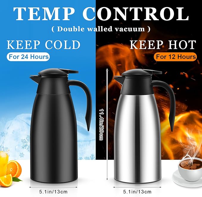 Norme 2 Pcs Thermal Coffee Carafe Insulated Stainless Steel Coffee Carafe for Hot Liquid Vacuum Thermal Pot Creamer Pitcher Dispenser with Brushes Keeping Hot Water Milk(Black, Silver,68 oz)