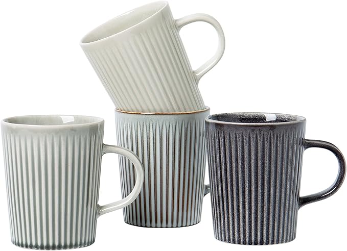 Coffee Mugs Set of 4 Modern Striped Stoneware Coffee Cups with Handle, Large Ceramic Gift Set for Women and Men, Dishwasher and Microwave Safe, 18oz for Hot Coffee, Tea, Cocoa, Milk