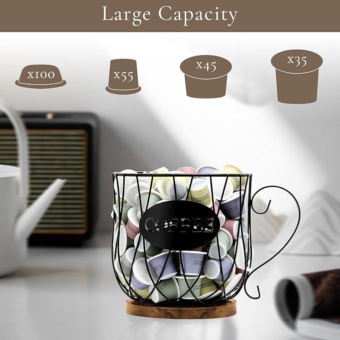 Rustic Metal K-Cup Coffee Pod Holder Mug - Large Wire Basket with Wooden Base for Countertop Coffee Storage - Farmhouse Decor for Home & Office (Rustic Brown-Round)