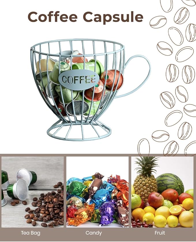 Coffee Pod Holder Large Capacity Coffee Pod Organizer Cup Shape Metal Kitchen Countertop Organizer for Home Office Blue