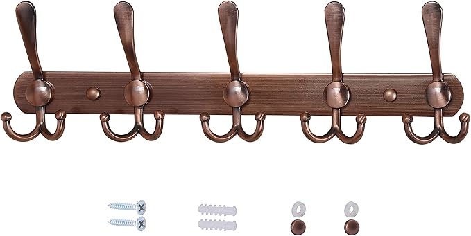 Dseap Wall Mounted Coat Rack - 5 Tri Hooks, Heavy Duty, Stainless Steel, Metal Coat Hook Rail for Coat Hat Towel Purse Robes Mudroom Bathroom Entryway,Antique Copper