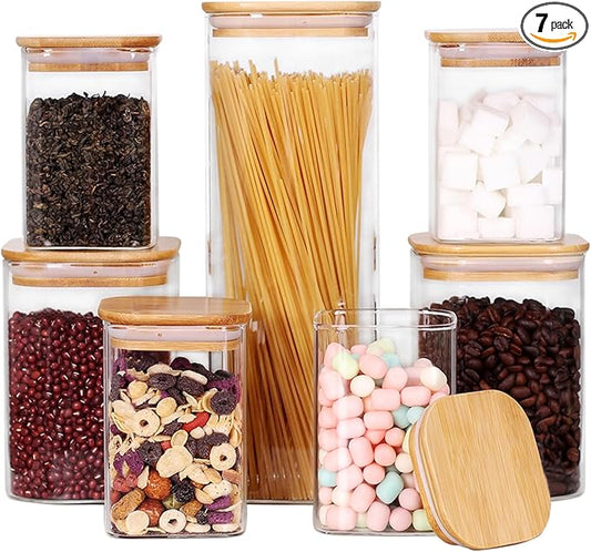Glass Storage Canister with Wooden Lid, Set of 7 Square Glass Jars with Bamboo Lids, Glass Food Storage Containers for Pasta, Cereal, Flour, Sugar, Best for Kitchen & Pantry