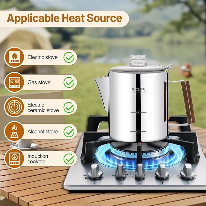 No Coating 9 Cup Percolator Coffee Pot 304 Stainless Steel Moka Pot Stovetop Espresso Maker Italian Greca Cuban Machine 1500ml 50.7oz Suitable for Gas Induction Stovetop Camping Kettle