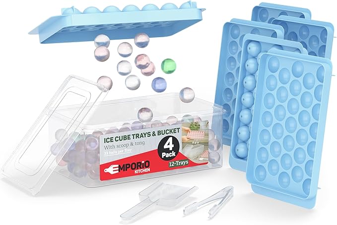 Round Ice Cube Tray Set Pack of 4, BPA-Free Stackable Trays with Lid & Tongs, 33 Ice Balls Per Tray for Whiskey, Drinks, and Cocktails, Quick Release Round Ice Cube Mold, Blue