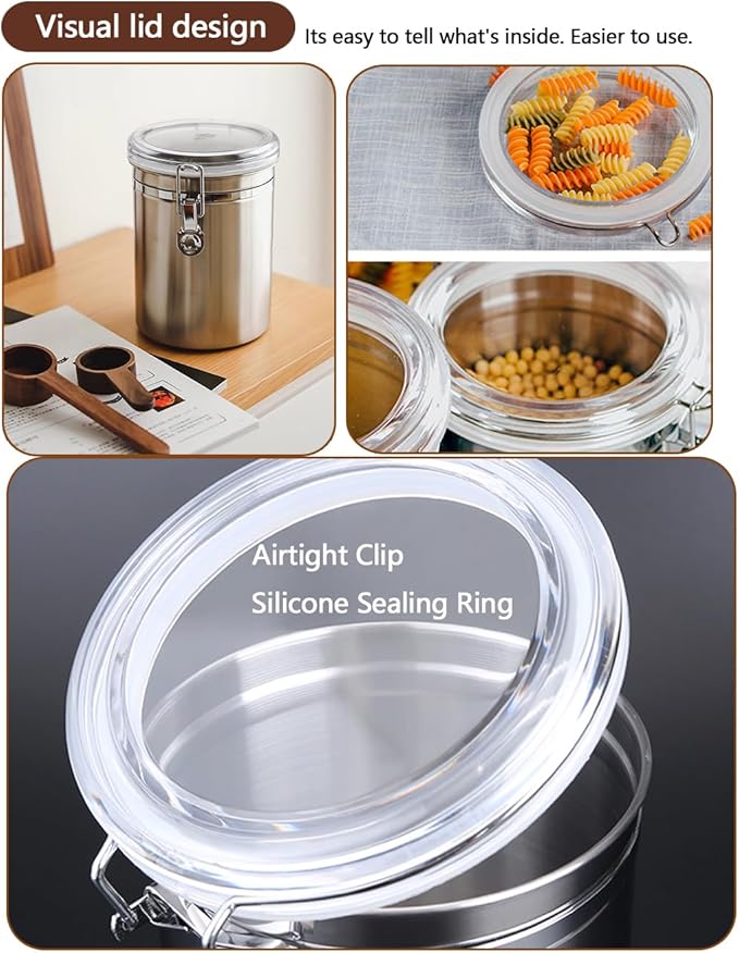 Stainless Steel Food Container with Clear Lids Airtight Storage Container Stackable Small Canisters Kitchen Pantry Storage for Cereal, Snacks, Candy, Herbs, Spices, Sugar, Tea (Silver)