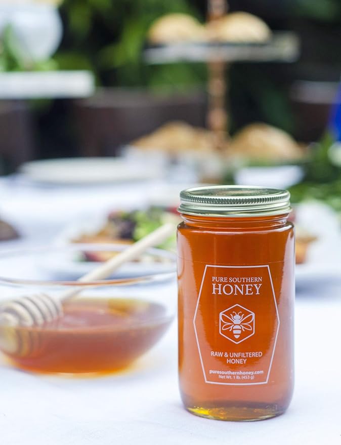 100% Authentic, USA - Made Raw Unfiltered Honey, Made by Pure Southern Honey [ 1 lb] - Unheated - Non - GMO, No Additives, All - Natural Sweetener- Environmental-Friendly Glass Jar