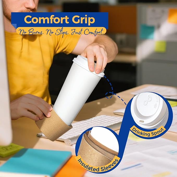 Fit Meal Prep 100 Pack 24 oz Disposable Coffee Cups with Lids, Sleeves, Leak-Proof To Go Coffee Cups with Lids, Durable Hot Paper Cups for Home, Office, Party, Business