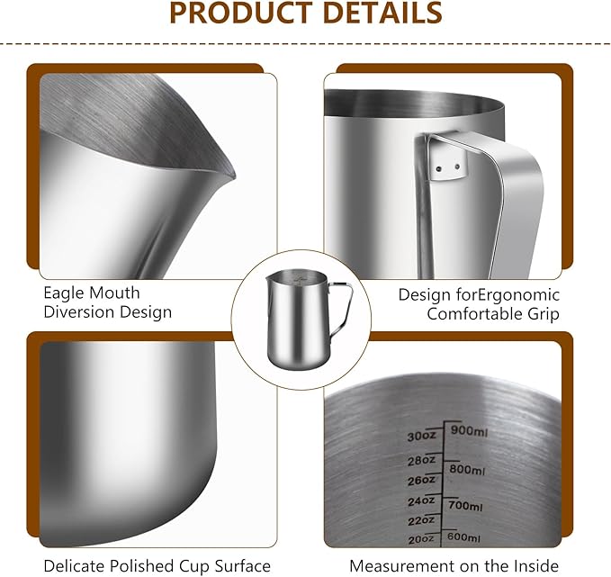 32oz Milk Frothing Pitcher with Latte Art Pen-Stainless Steel Steaming Jug for Espresso, Cappuccino & Coffee-Heat-Resistant, Dripless Spout, Measurement Scale, Dishwasher Safe (900ml/32oz)