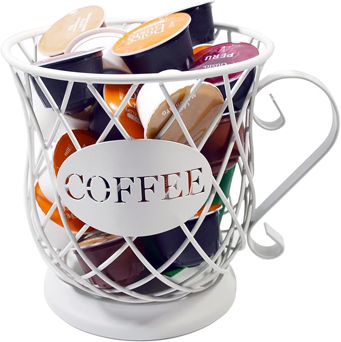 Coffee Pod Holder Mug Shape Multi Use K Cup Holder Coffee Station organizer Storage Wire Basket Food Storage for Counter Coffee Bar White