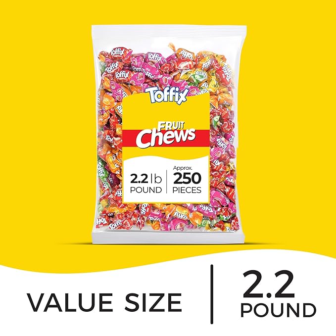 Toffix, Fruit Chews, Center-Filled Soft Fruit Chews Candy Individually Wrapped Snacks, Orange, Strawberry, Pineapple, Watermelon & Apple, Fruity Flavored Chewy Candies, 2.2 Pound Bulk Bag, Pack of 3