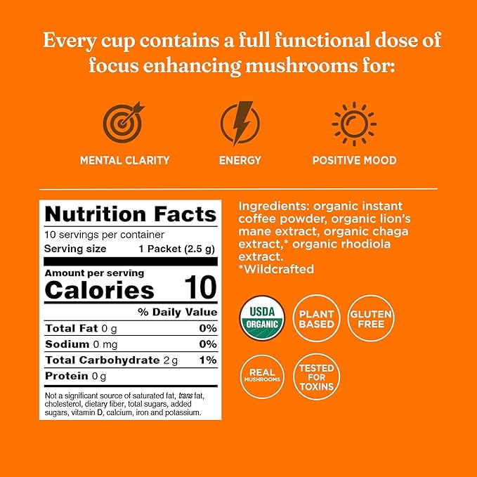 Four Sigmatic Focus Organic Mushroom Coffee | Instant Mushroom Coffee Mix with Lion's Mane, Chaga and Rhodiola for Better Focus and Immune Support | 10 Packets