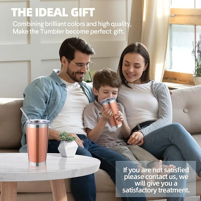 Volhoply 20oz Stainless Steel Tumbler with Lid and Straw Bulk 8 Pack,Double Wall Insulated Travel Ice Coffee Mug Fits Cup holder,Powder Coated Cups for Hot/Cold Drinks,Christmas Gifts（Rose Gold,8 Set）