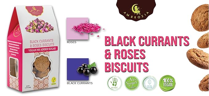 Ambrozia Vegan Snack Biscuits – Blackcurrant & Rose - Soft Baked, No Added Sugar, Clean Label, High Fiber & Wholesome Ingredients, Kid-Friendly, Healthy Snacks for Active Lifestyles, 4.58 Oz