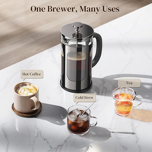 Veken French Press Coffee Maker 34oz 1 L, No Plastic Touching Cafe, Heat Resistant Thickened Borosilicate Glass, Stainless Steel Brewer,Cold Brew Cafetera Teapot for Kitchen Travel Camping,Dark Pewter