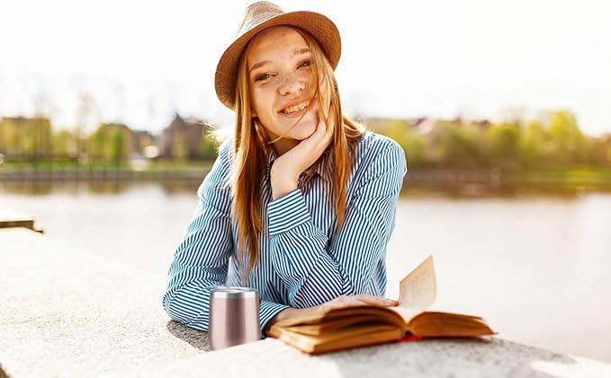 MEWAY 12oz/4 Pack Wine Tumbler Glasses with Lid - Stemless Double Wall Vacuum Stainless Steel Travel Tumbler - Keeping Cold & Hot for Wine,Coffee,Cocktails,Gifts (Rose gold,Set of 4)