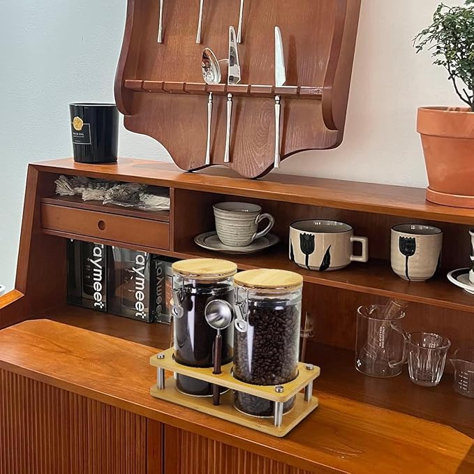 Glass Coffee Grounds Container with Wooden Shelf, 2 × 45 FLOZ Glass Coffee Canister with Sealed Locking Clamp, Kitchen Large Capacity Food Storage Jar with Metal Spoon