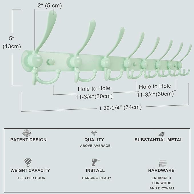Dseap Coat Rack Wall Mount - 29.5” Long 8-Tri-Hooks Heavy Duty Coat Hanger Rail Wall Hooks for Hanging Coats Hats Clothing Clothes Purse Mudroom Entryway, Green, Pack of 2