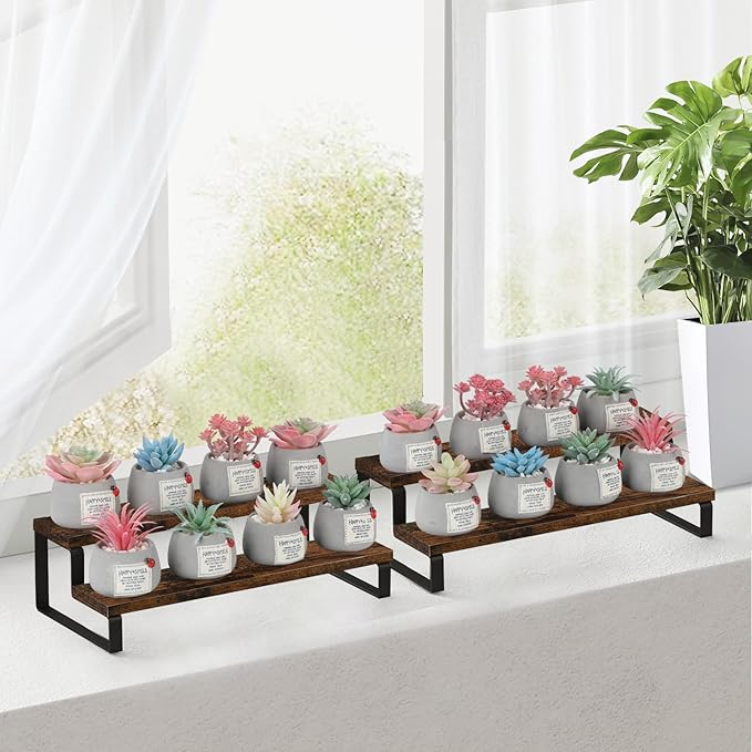 YINMIT Wooden Display Riser Stand, Tiered Perfume and Cologne Organizer Stand, 2 Tier Spice Rack Organizer, Rustic Display Shelf for Candles (2 Tier, 2 Pack)