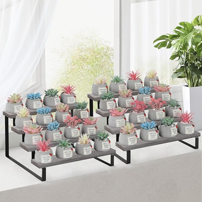 YINMIT Wooden Display Riser Stand, Tiered Perfume and Cologne Organizer Stand, 4 Tier Spice Rack Organizer, Rustic Display Shelf for Candles (4 Tier,2Pack,Grey)