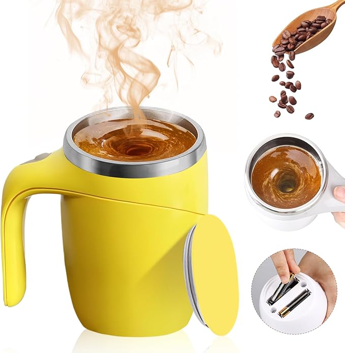 Automatic Magnetic Stirring Coffee Mug, Magnetic Stirring Cup Rotating Home Office Travel Mixing Cups,Stainless Steel Self Mixing Mug for Coffee/Milk/Tea/Hot Chocolat (Yellow-Battery)