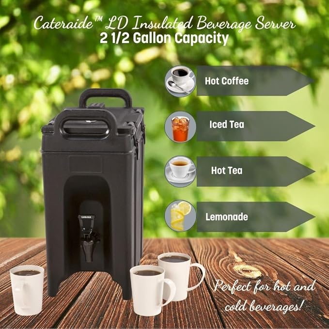 Carlisle FoodService Products Cateraide Insulated Beverage Dispenser with Handles for Catering, Events, Kitchens, And Restaurants, Plastic, 2.5 Gallons, Black