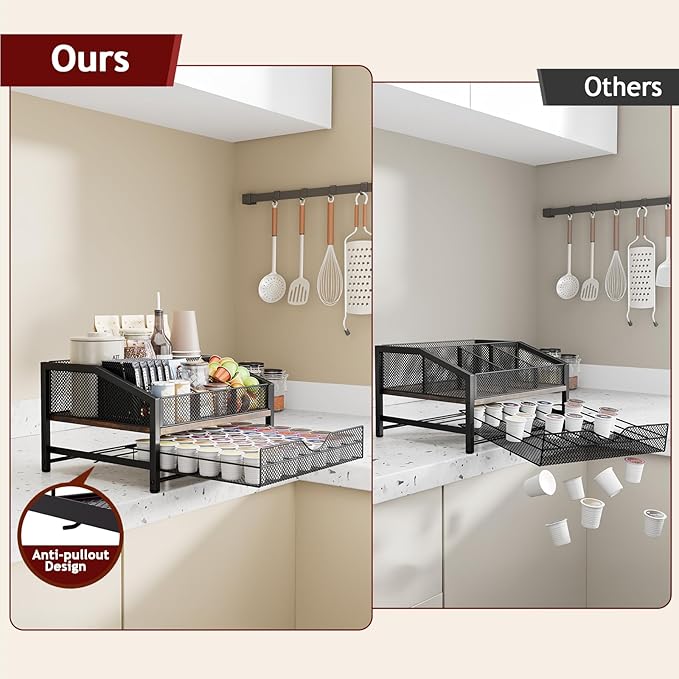 Coffee Bar Organizer - Coffee Station for Countertop, Metal and Wood K Cup holder Storage Basket with Drawer for Syrup, Cups, Stirrer, Condiment, Tea Organizer, Brown