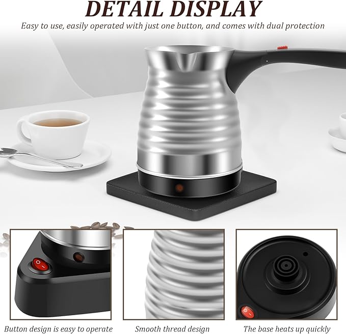 Turkish Coffee Maker, Stainless Steel 500ml Turkish Coffee Machine with Folding Handle, 5 to 6 Cups Capacity Turkish Coffee Pot, Electric Coffee Tea Warmer Kettle for Home Travel (Thread)
