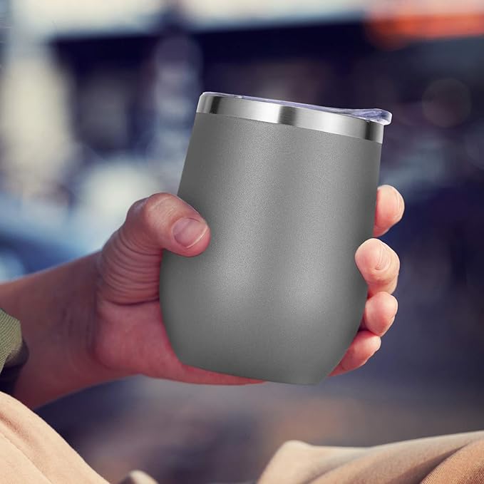 VEGOND 12oz Stainless Steel Wine Tumbler with Lid and Straw, Double Wall Vacuum Insulated Stemless Wine Glass Tumbler Cup, Coffee Mug for Cold Hot Drinks