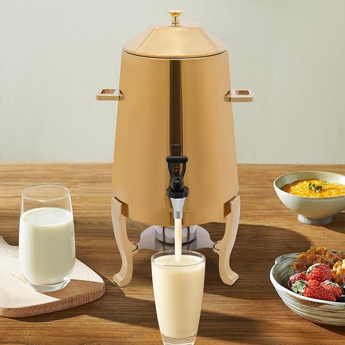 Stainless Steel Beverage Dispensers, Drink Dispenser with Fuel Holder & Base & Stainless Steel Faucet 3.4Gal Hot Beverage Dispenser, Commercial Coffee Urn for Hotels, Canteens（All Gold）